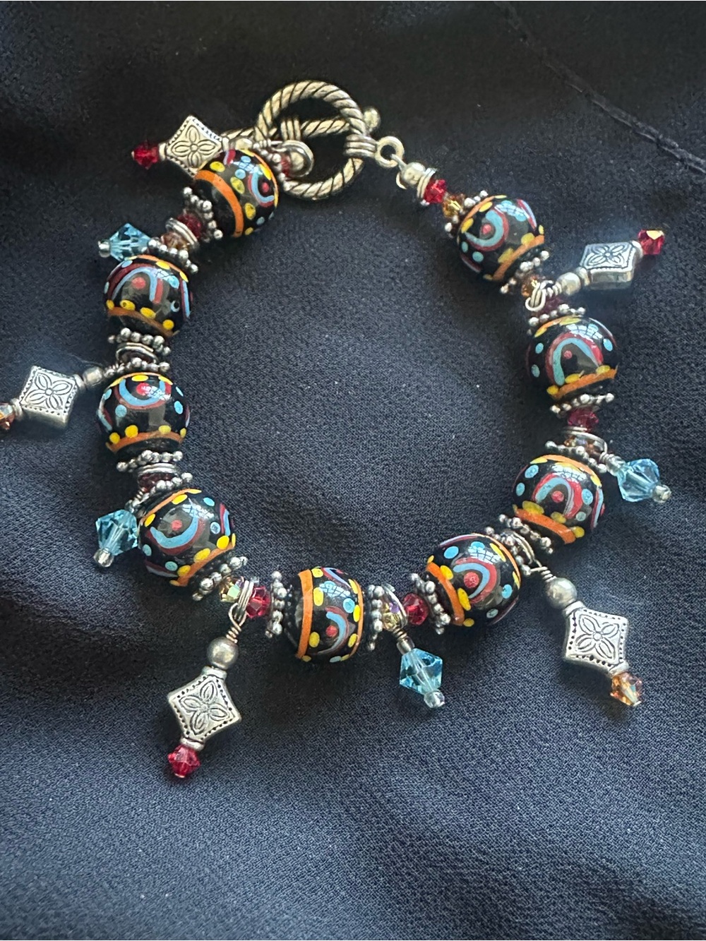 Artisan Boho Lampwork Glass and Silver Charm Bracelet Venetian Style Bead